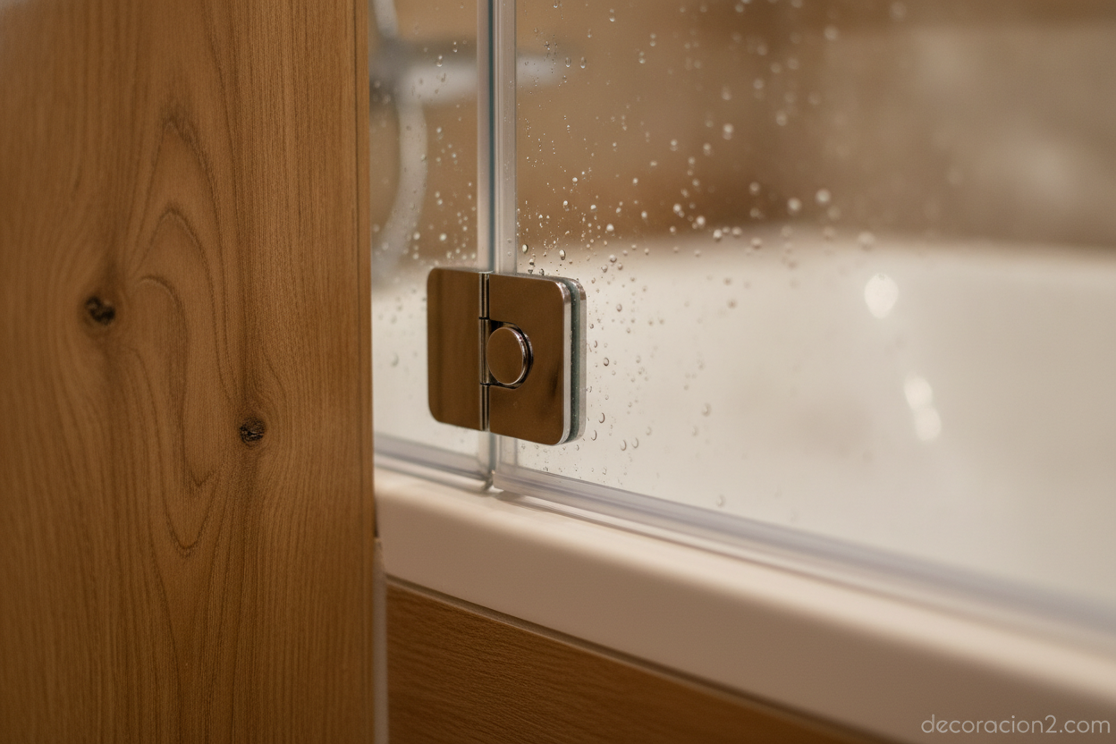 Detalle de la puerta de cristal y el faldón de madera de una bañera con ducha