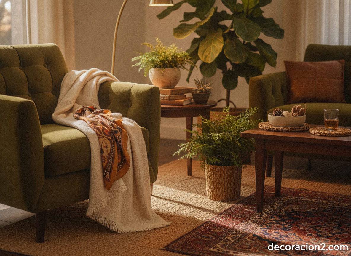 Detalle de un rincón decorado con sillón de terciopelo y lámpara de latón