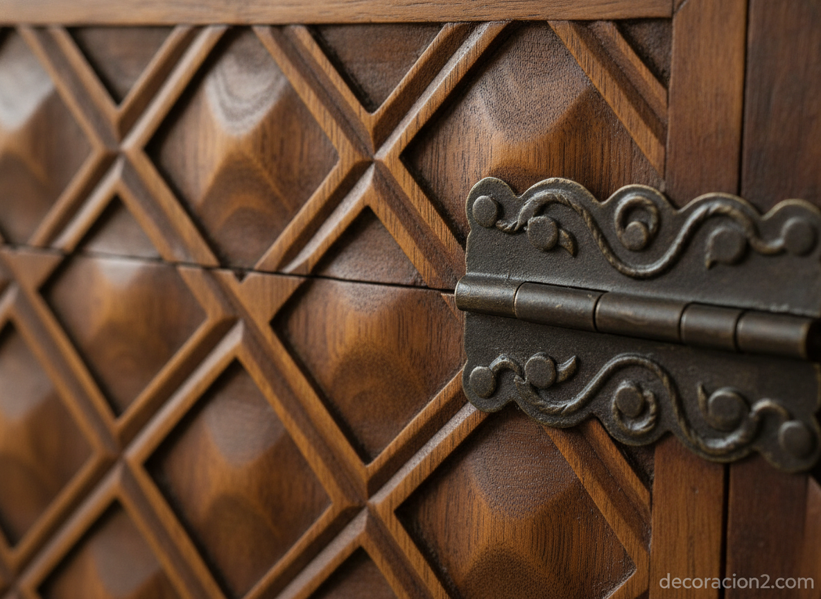 Detalle de talla artesanal y herraje metálico en un cofre de madera oriental