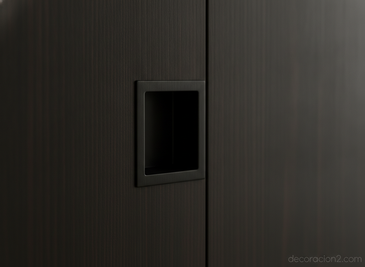 Puertas minimalistas: guía de diseño y cómo elegirlas 5 Detalle de tirador embutido en una puerta minimalista de madera oscura