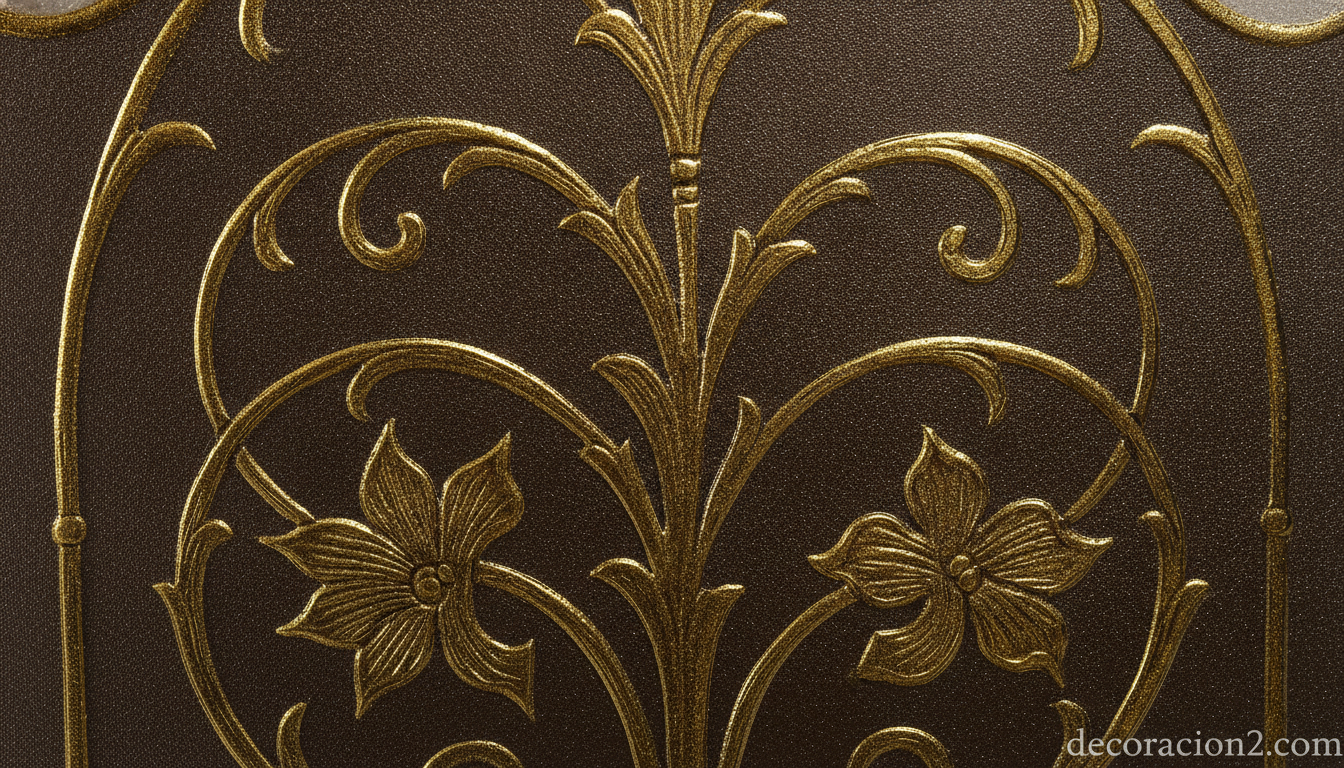 Detalle de la textura de un vidrio decorativo con estampado floral metálico grabado al ácido