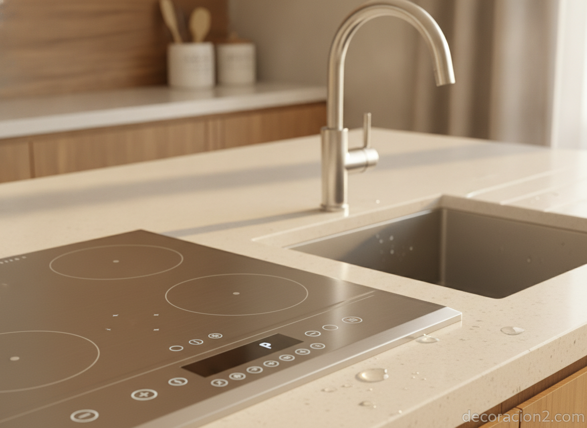 Detalle de vitrocerámica y fregadero integrados en cocina compacta