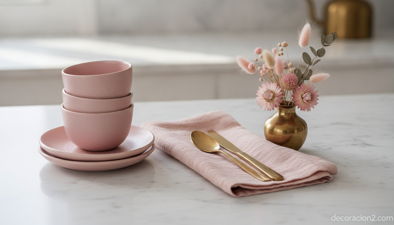 Electrodomésticos en rosa: decorar con color y sumarte a la causa 8 Detalle de vajilla y textiles en rosa empolvado combinados con latón sobre encimera de mármol