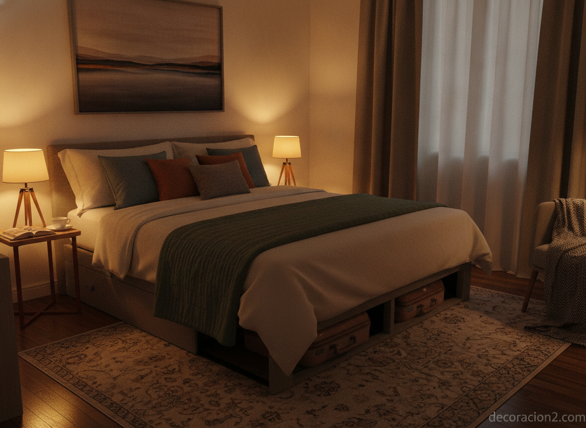 Diván cama abierto de noche como cama doble en un salón pequeño