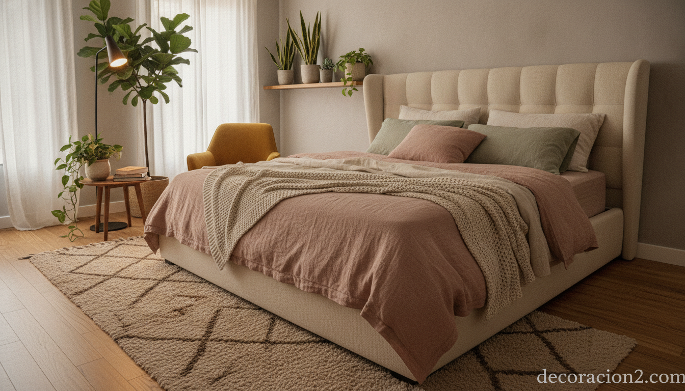 Dormitorio acogedor con cama tapizada cómoda y ambiente cálido