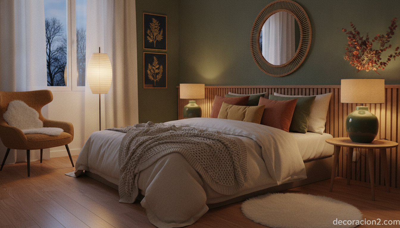 Dormitorio acogedor de invierno con ropa de cama cálida en tonos dorados apagados