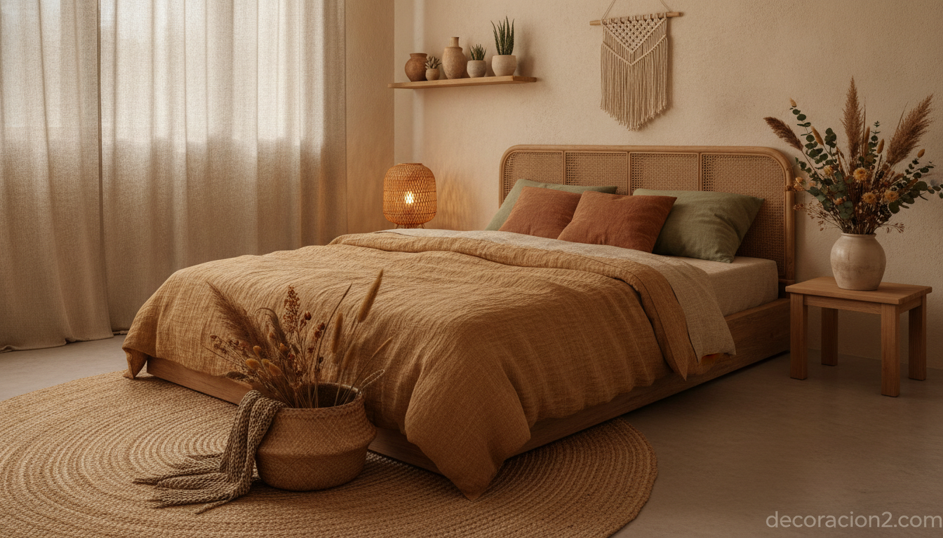 Edredón de algodón orgánico en un dormitorio de estilo natural y sostenible