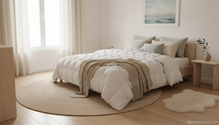 Cama vestida con un edredón blanco y esponjoso en un dormitorio luminoso