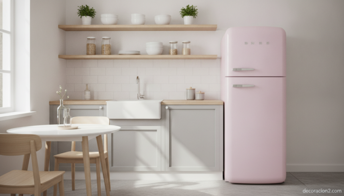 A bright, modern Scandinavian-style kitchen photographed in natural daylight. A retro rounded 1950s-style refrigerator in ... Cocina luminosa con frigorífico retro en rosa como electrodoméstico de color protagonista