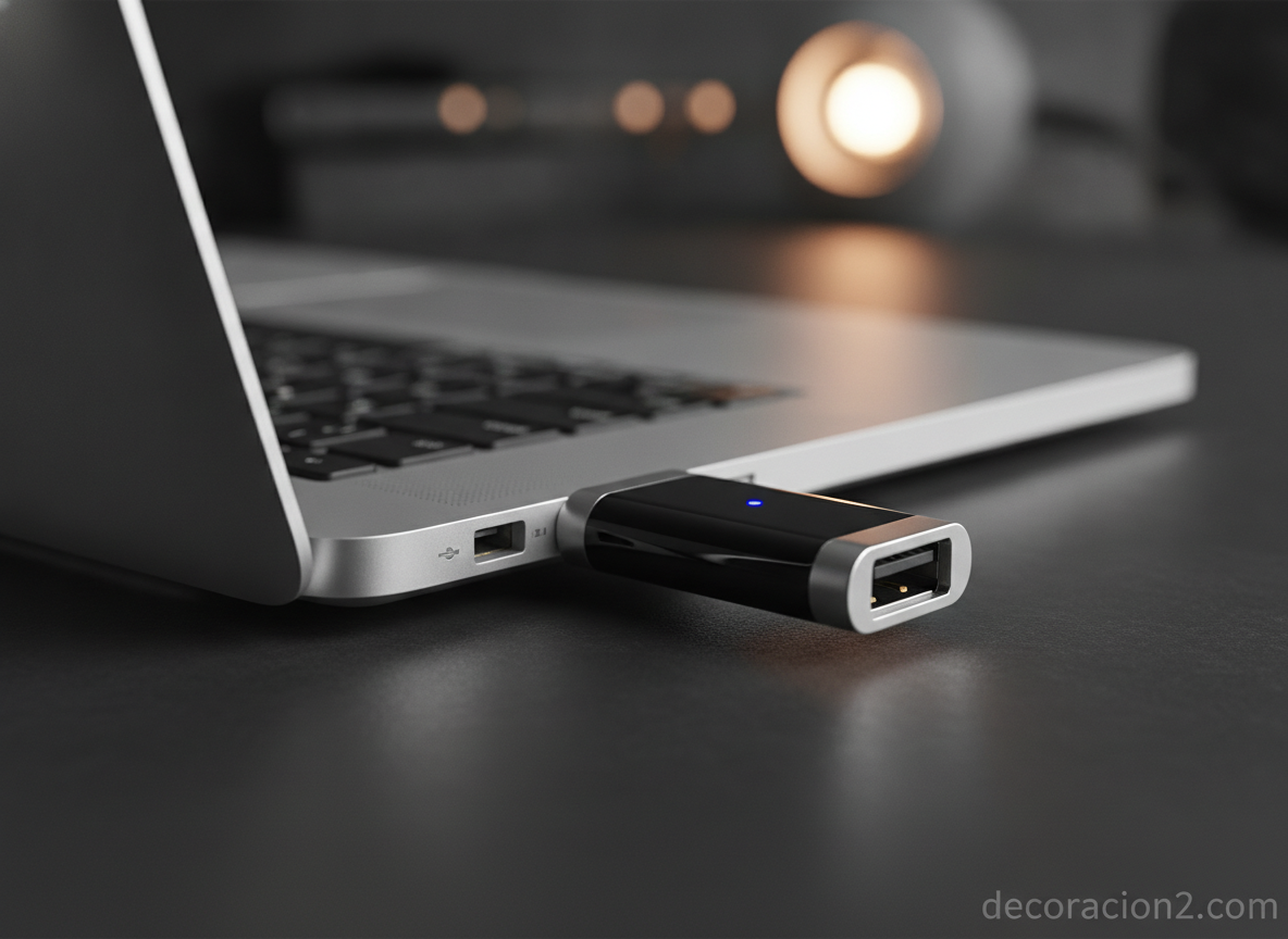 Emisor USB inalámbrico conectado a un ordenador portátil para altavoces sin cables