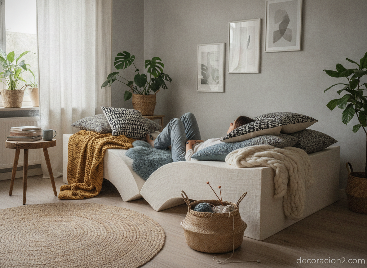 Estancia decorada con mueble textil multifuncional inspirado en un libro gigante