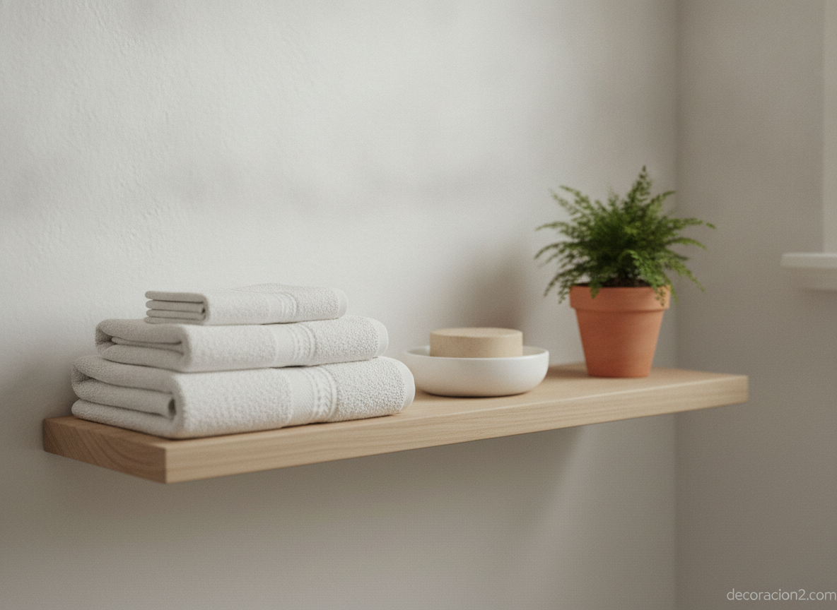Jaboneras originales para el baño: ideas curiosas y prácticas 10 Estanteria de bano con jabonera de ceramica y toallas dobladas