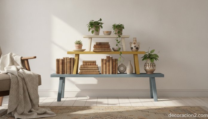 A handmade shelving unit built from three stacked wooden benches of decreasing size, each painted a different soft colour ... Estantería hecha con tres bancos de madera pintados de colores apilados en un salón