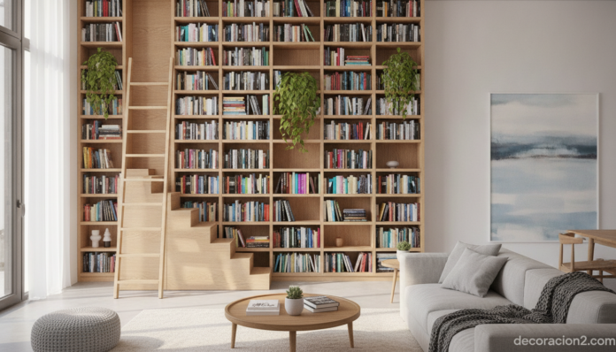 A tall floor-to-ceiling wooden bookshelf with an integrated ladder design in a bright modern Scandinavian living room. The... Estantería con escalera incorporada de madera que llega hasta el techo en un salón moderno