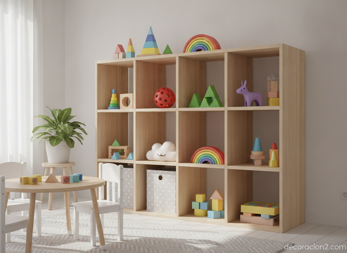 Estantería abierta en dormitorio infantil para guardar las piezas de la lámpara modular