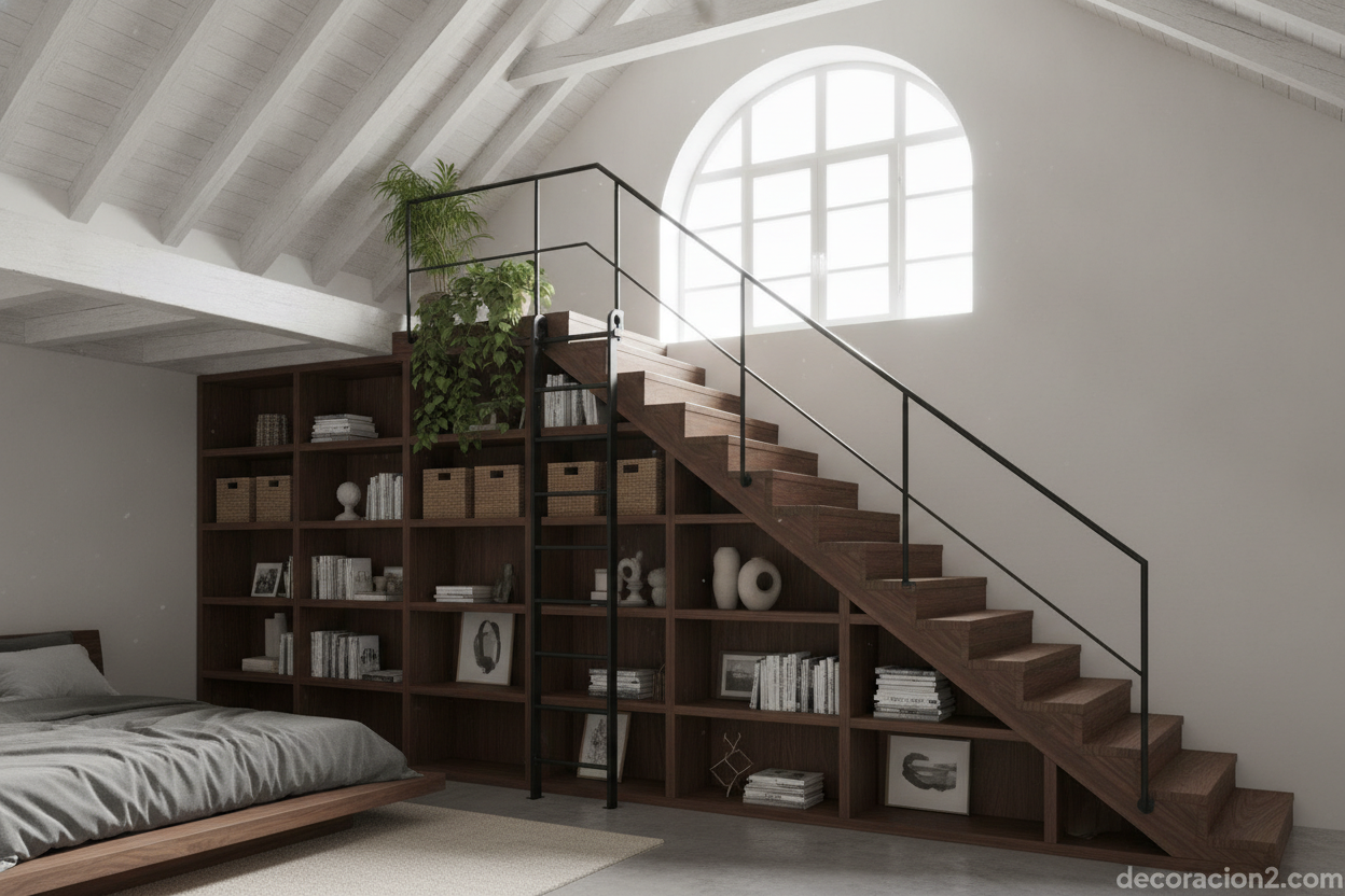 Estantería con escalera incorporada: diseño funcional para ganar espacio en vertical 4 Estantería con escalera incorporada en un dormitorio tipo loft con techos altos