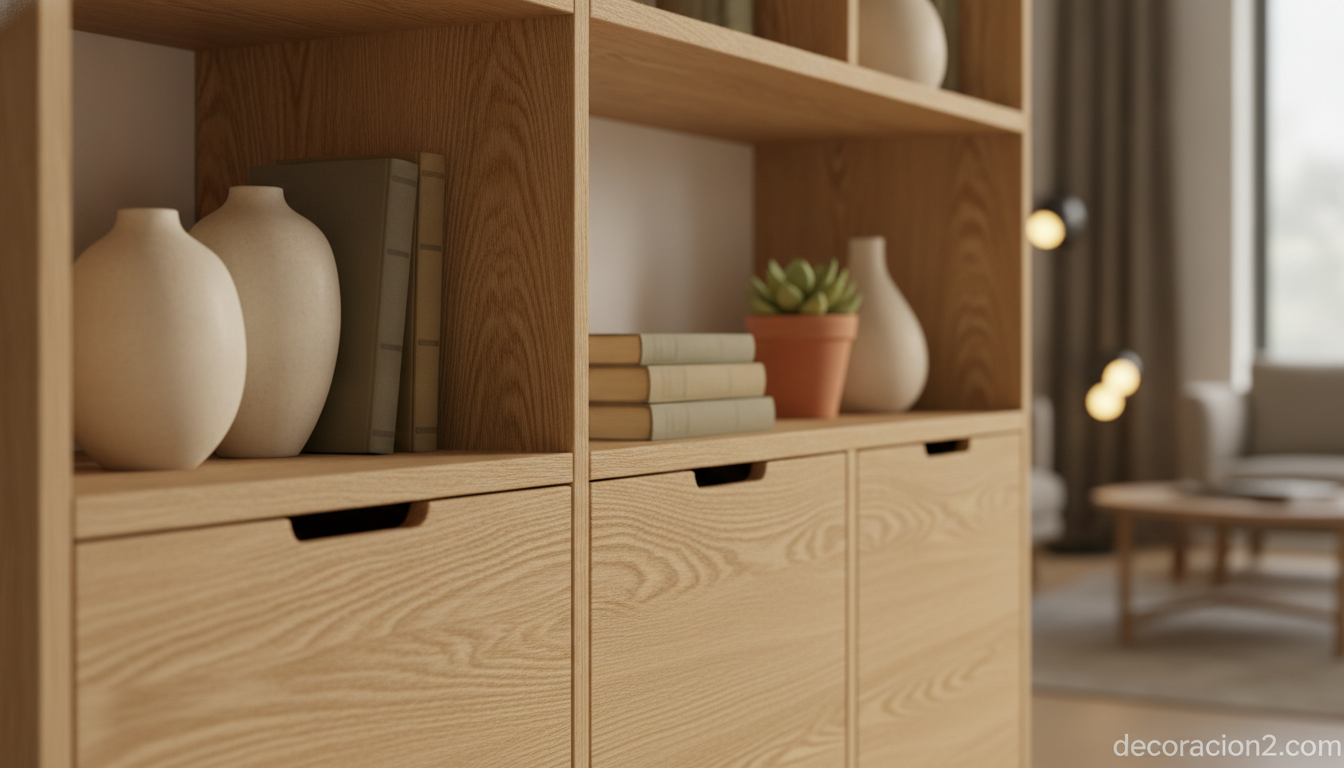 Detalle de estantería modular de roble con baldas abiertas y cajones