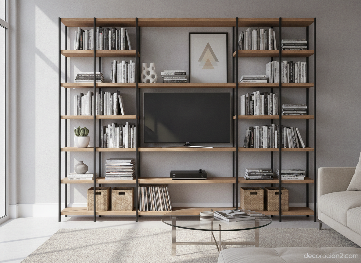 Televisor pequeño para el salón: guía para elegirlo e integrarlo en la decoración 2 Estantería modular con televisor pequeño integrado junto a libros y plantas