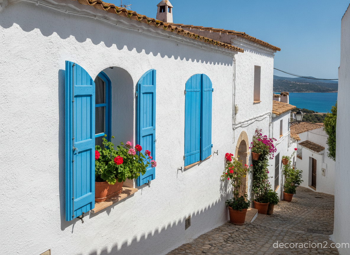 Fachada renovada de estilo mediterráneo con acabado blanco y contraventanas azules