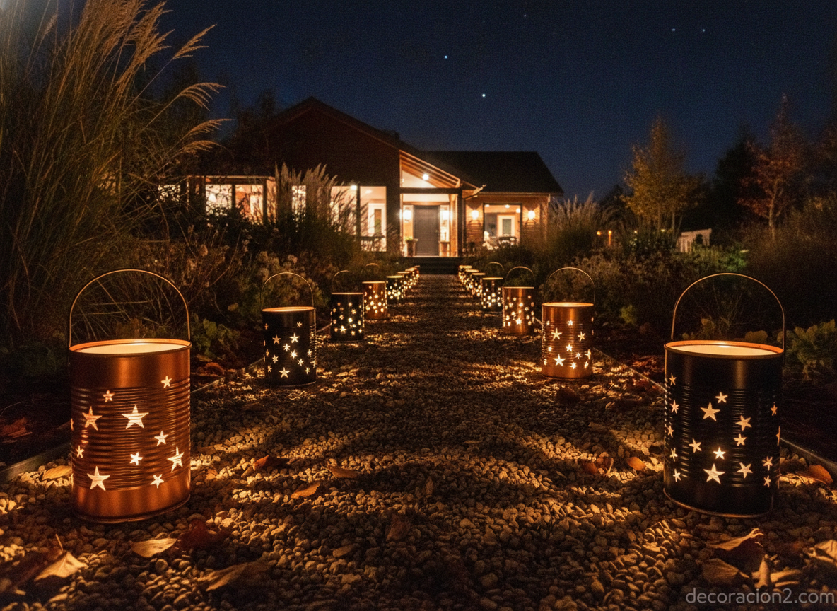 Faroles de Halloween con velas LED alineados en un camino de jardín de noche