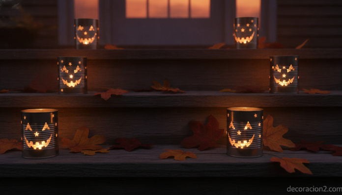 Faroles de Halloween hechos con latas iluminando la entrada de una casa