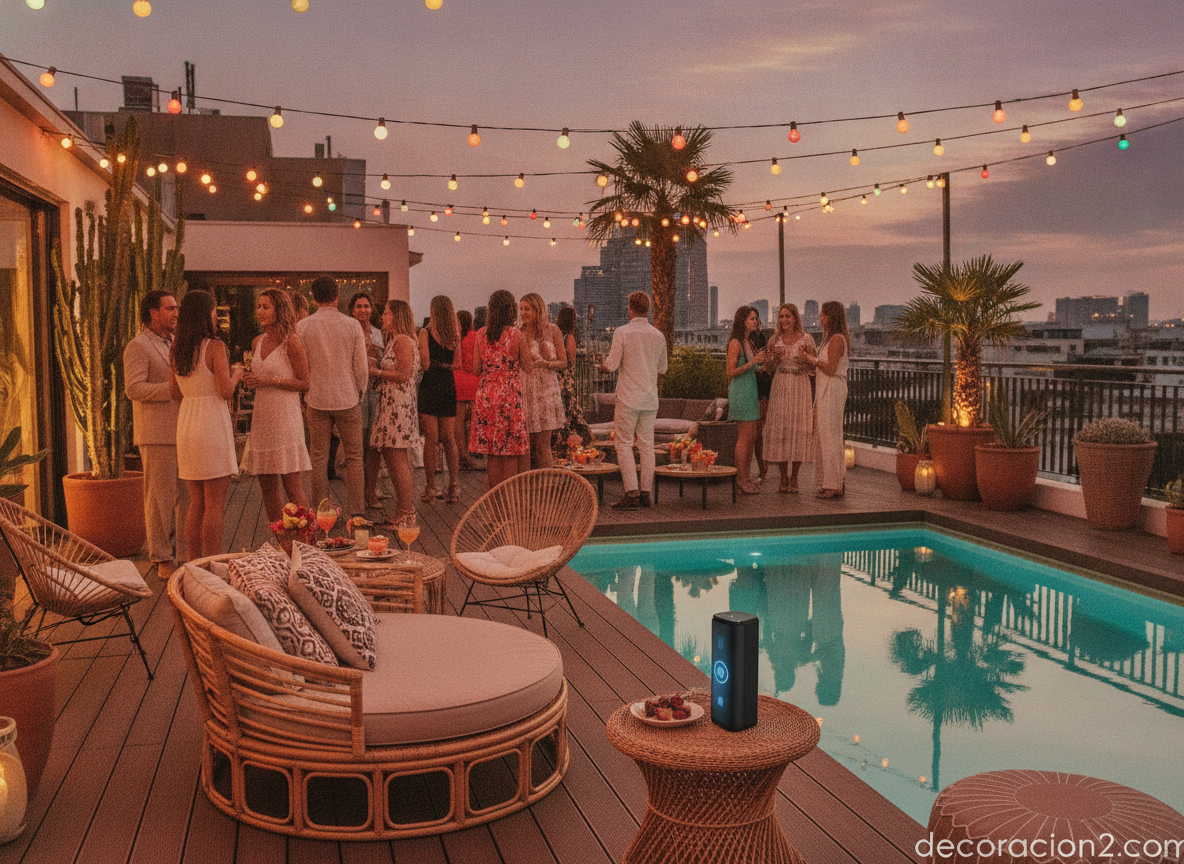 Fiesta en terraza ático con luces de colores y altavoz exterior ambientando la velada