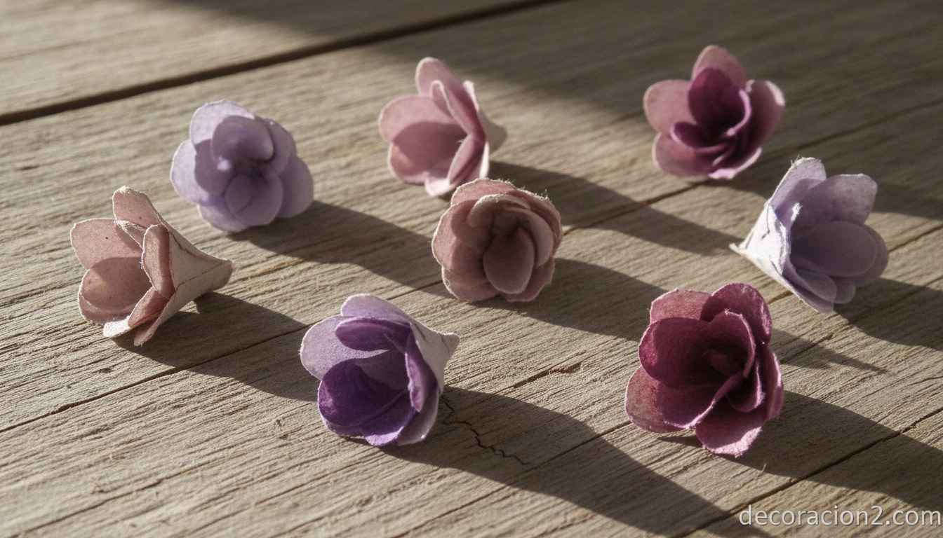 Flores hechas con alvéolos de cartones de huevo pintadas en tonos lila y morado