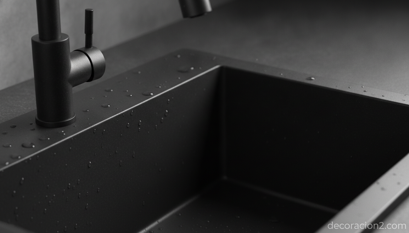 Detalle de fregadero de resina negra con grifo negro mate