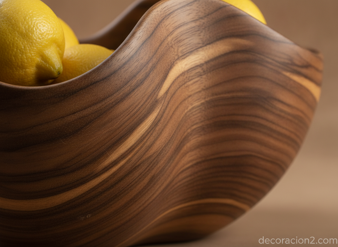 Detalle de un frutero de madera curvada con vetas naturales