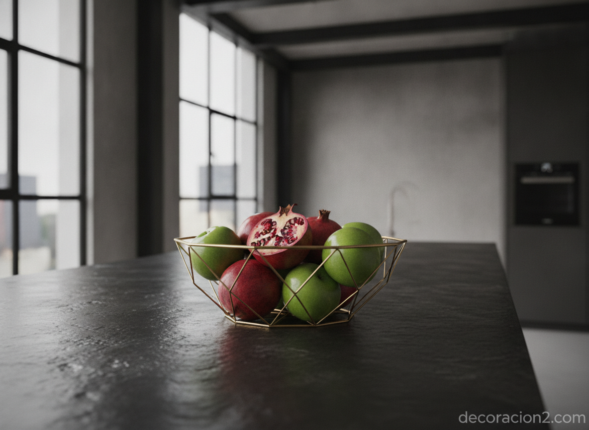 Frutero decorativo de metal dorado en una cocina de estilo contemporáneo