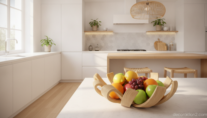 Frutero artístico de madera con fruta fresca en una cocina moderna