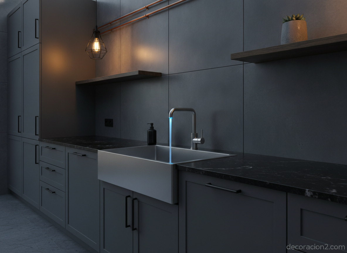 Grifo con acabado en acero inoxidable en una cocina de estilo industrial