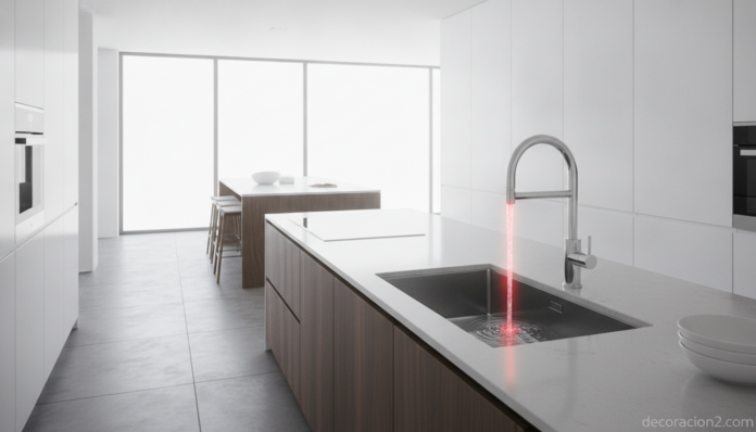 Grifo de cocina con luz LED roja indicando agua caliente