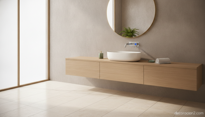 Grifo electrónico moderno en un baño sostenible con lavabo elegante