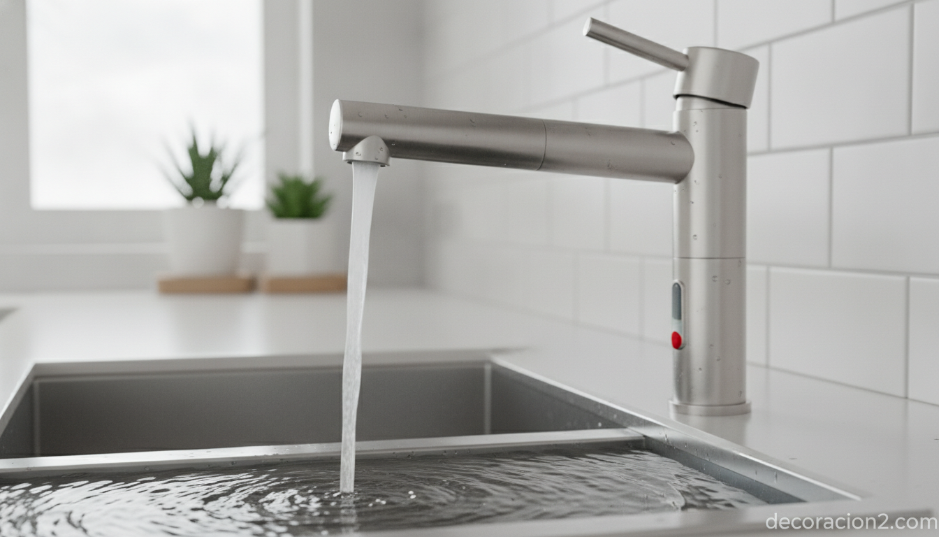 Detalle de grifo electrónico de cocina con sensor abriendo el agua