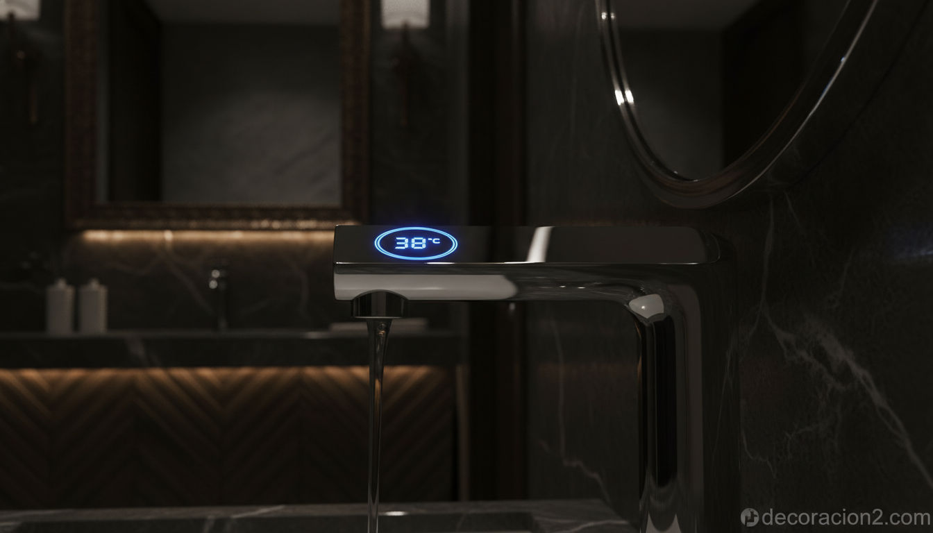 Pantalla digital de un grifo electrónico mostrando la temperatura del agua