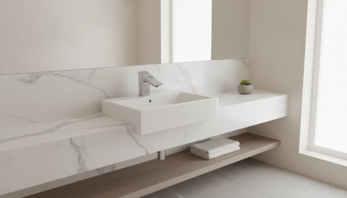 Grifo electrónico moderno en un lavabo de baño de diseño contemporáneo