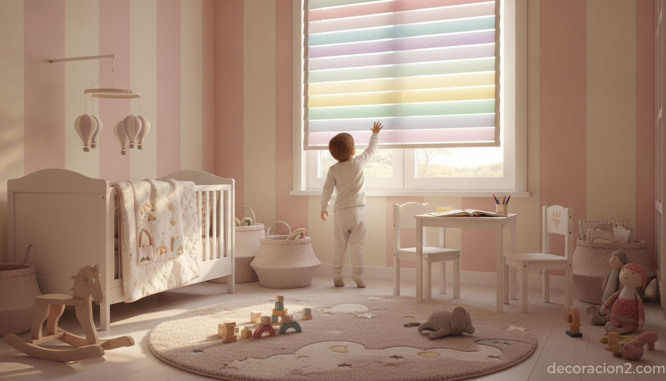 Habitación infantil decorada con una persiana original y colorida en la ventana