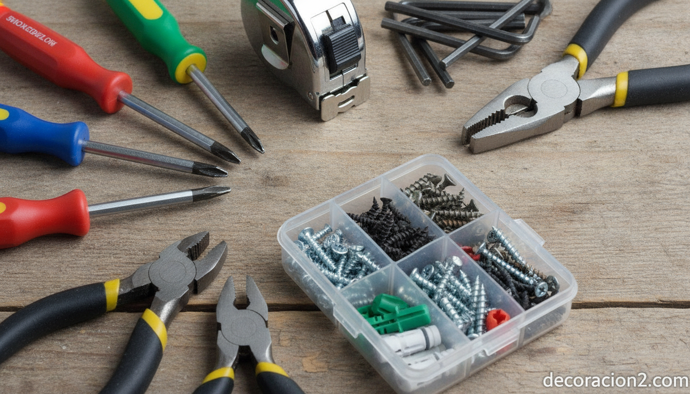 Herramientas manuales básicas de bricolaje ordenadas sobre una mesa de madera