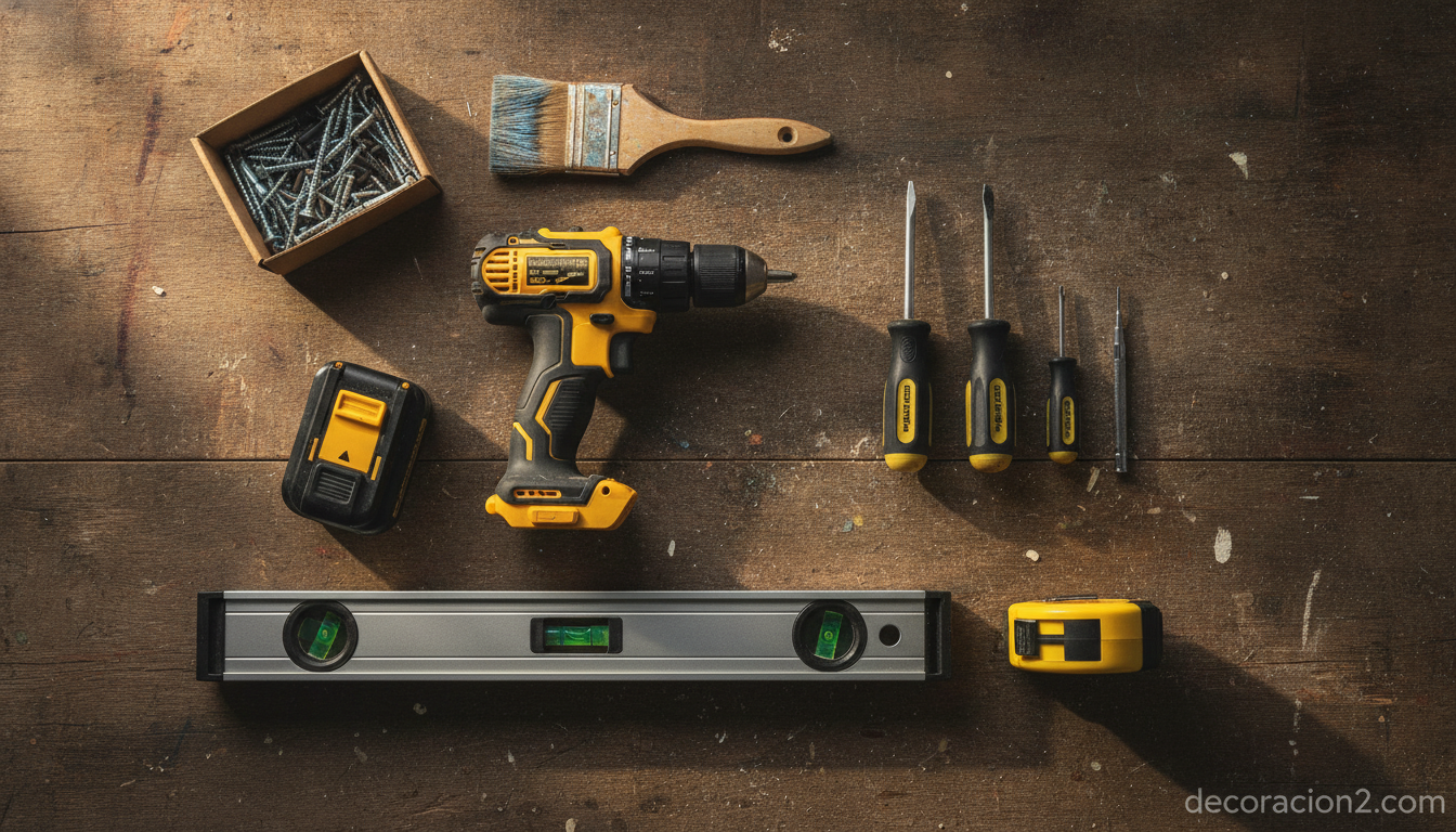 Herramientas de bricolaje ordenadas sobre un banco de trabajo de madera