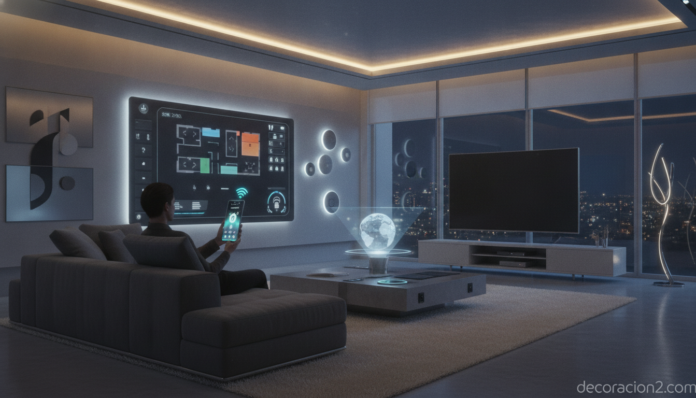 Salón de un hogar digital con dispositivos de domótica controlados por app