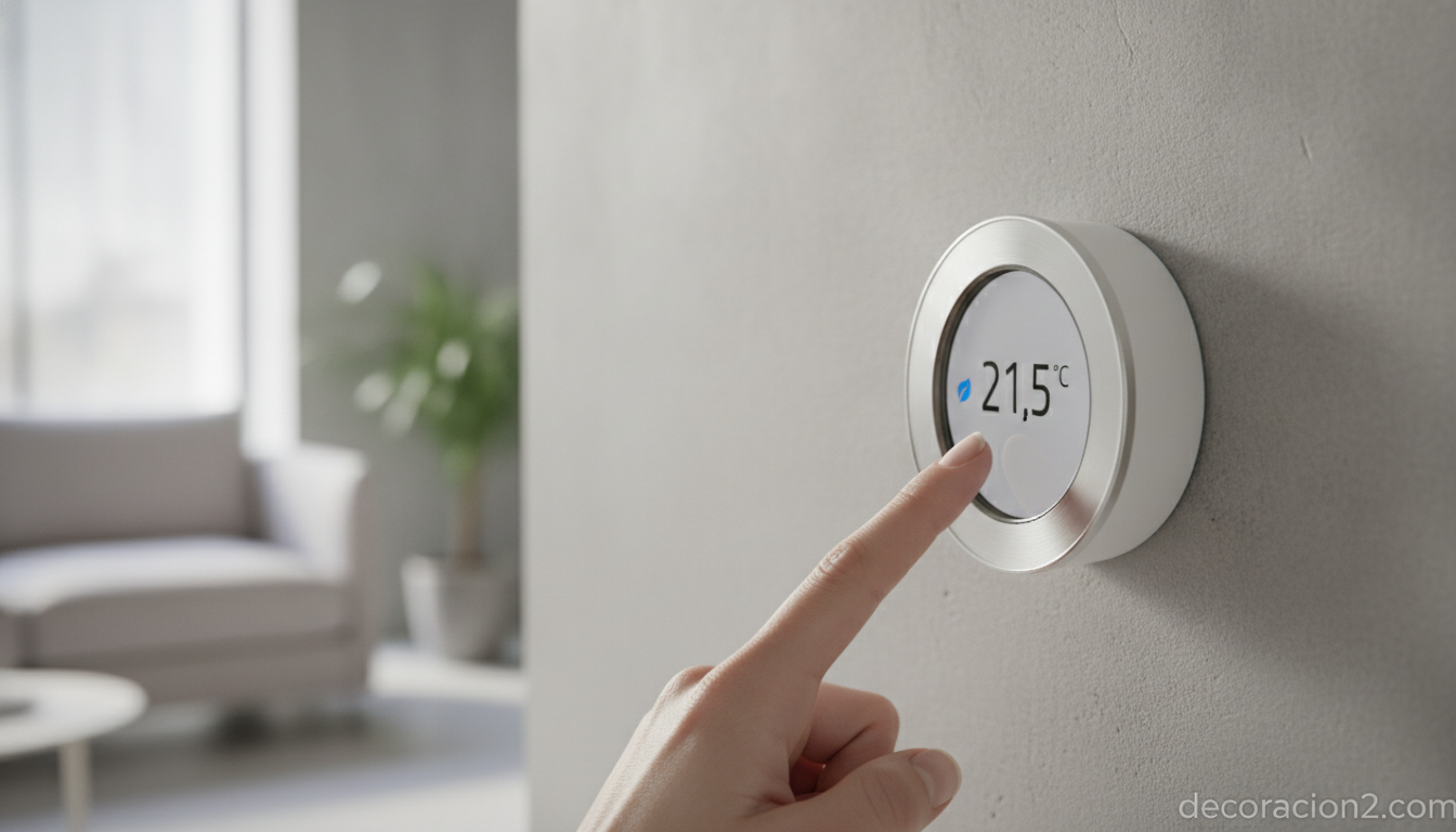 Detalle de un termostato inteligente en la pared de una casa domótica
