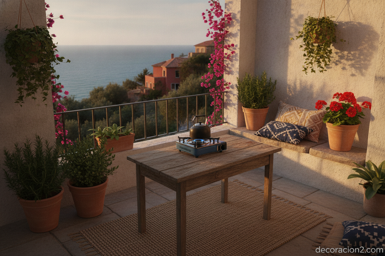 Terraza pequeña con hornillo de gas portátil para cocinar al aire libre