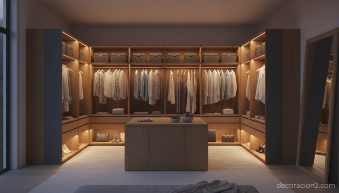 A modern open wardrobe in a bright bedroom, its interior softly lit by integrated warm-white LED strips that illuminate ne... Armario abierto con iluminación LED integrada que ilumina la ropa colgada en el dormitorio