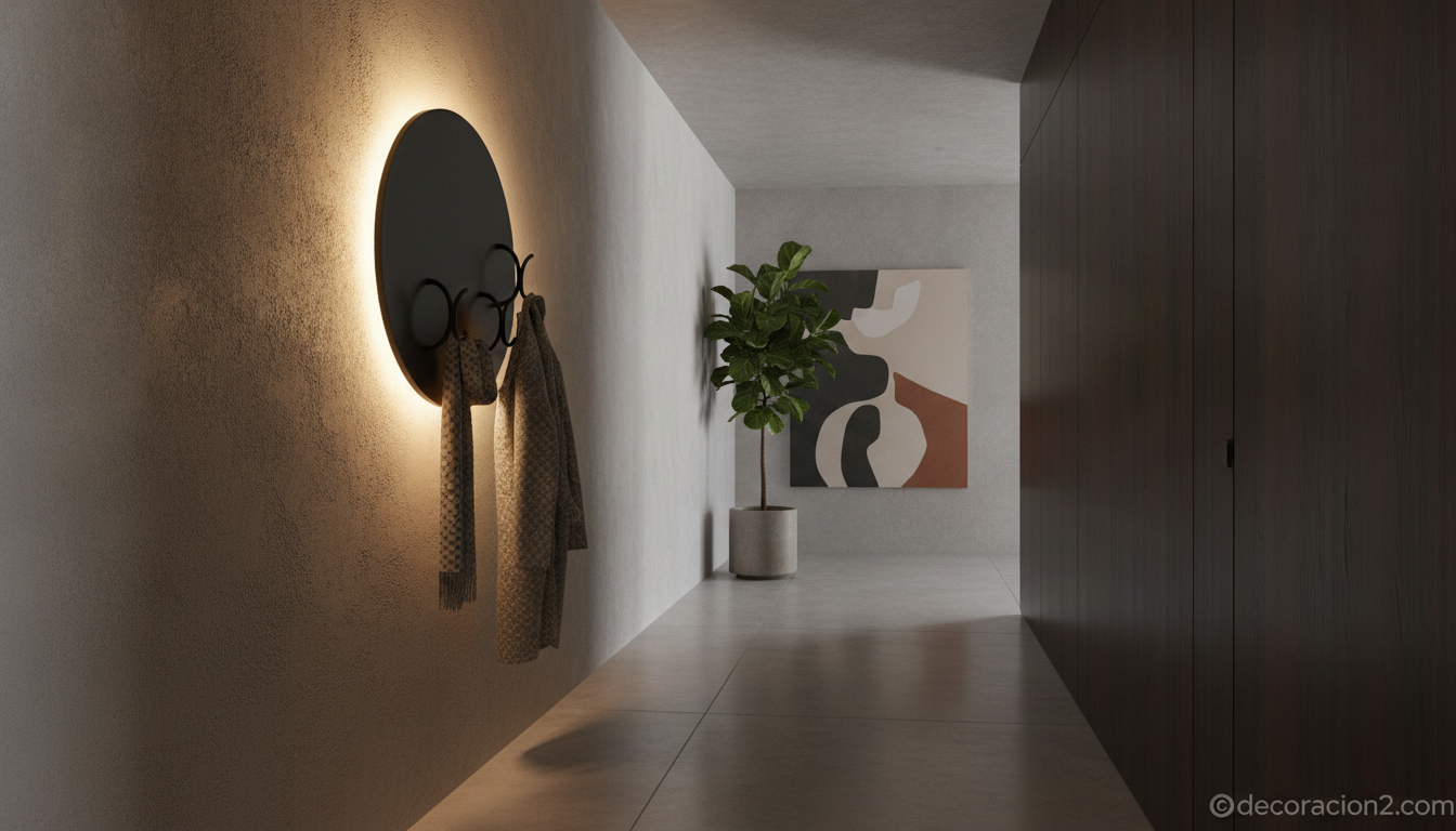 Pasillo estrecho decorado con luminaria perchero de diseño en acabado negro