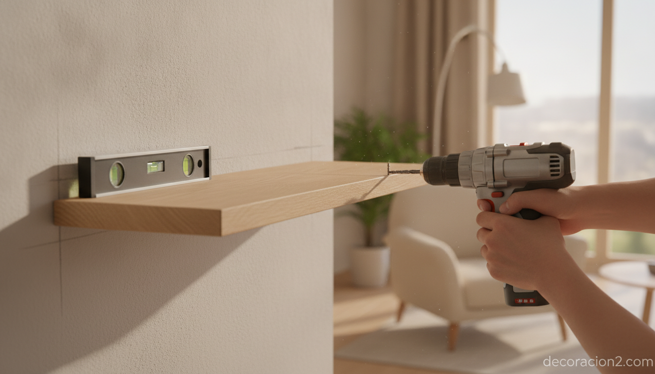 Persona instalando una estantería con un taladro atornillador en el salón