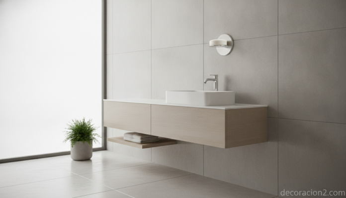 A modern minimalist bathroom with a stainless steel magnetic soap holder mounted on a tiled wall above a white sink, a bar... Jabonera magnética de acero con la pastilla de jabón suspendida en un baño moderno