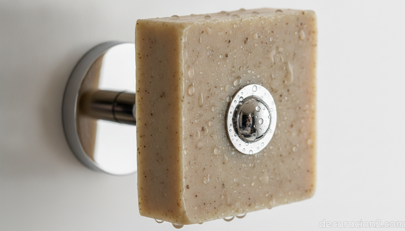Jabonera magnética: la solución elegante para que el jabón no se escurra 9 Detalle en primer plano del soporte magnético de acero sujetando la pastilla de jabón
