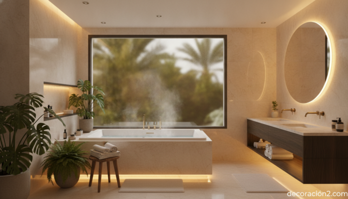 Jacuzzi en casa integrado en un baño moderno junto a un gran ventanal