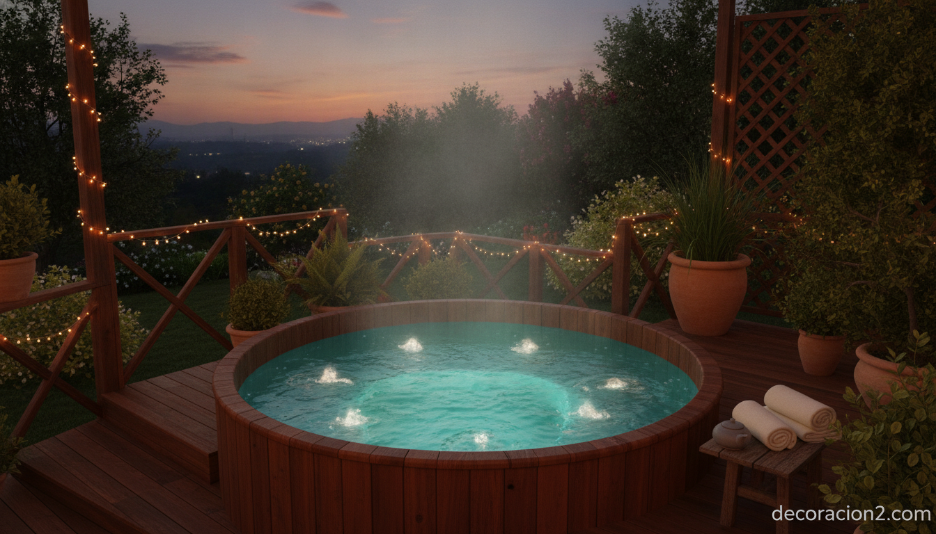 Jacuzzi exterior tipo spa en una terraza de madera al atardecer